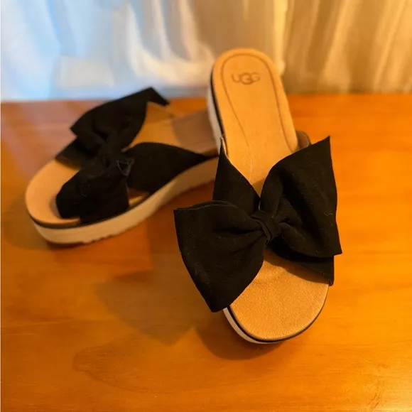 UGG Black Bow Platform Sandals