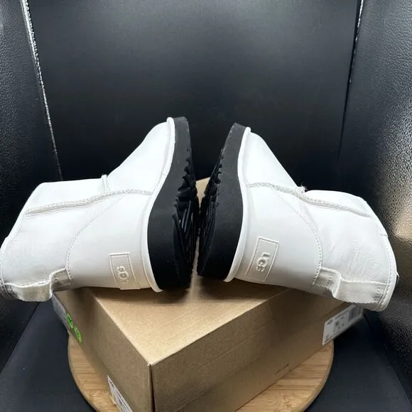UGG Classic Mini Side Logo II Womens Size 11 Boots White Leather Winter Snow NEW