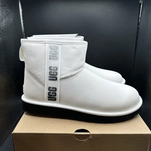UGG Classic Mini Side Logo II Womens Size 11 Boots White Leather Winter Snow NEW