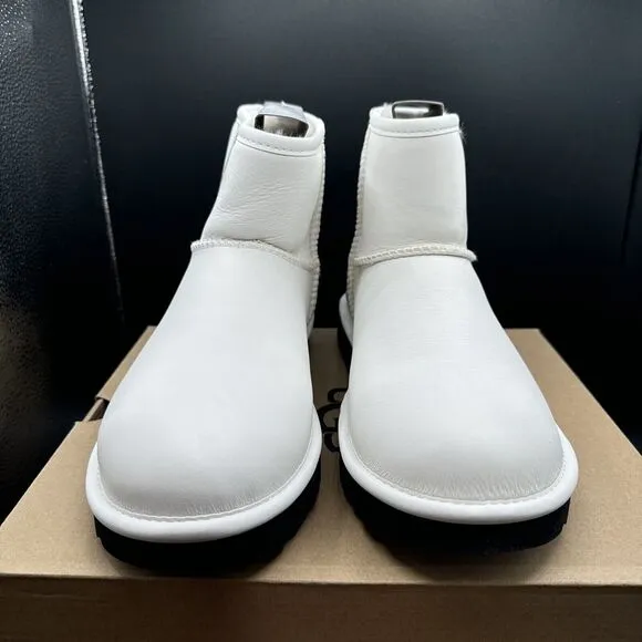 UGG Classic Mini Side Logo II Womens Size 11 Boots White Leather Winter Snow NEW