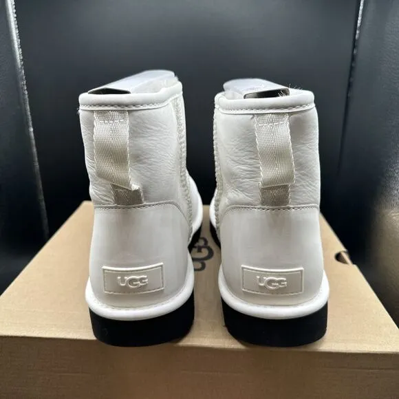 UGG Classic Mini Side Logo II Womens Size 11 Boots White Leather Winter Snow NEW