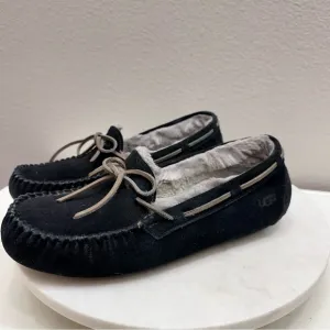 UGG Mens Size 9 Black Moccasin Shoes Olsen Suede Shearling Lined Lace De…