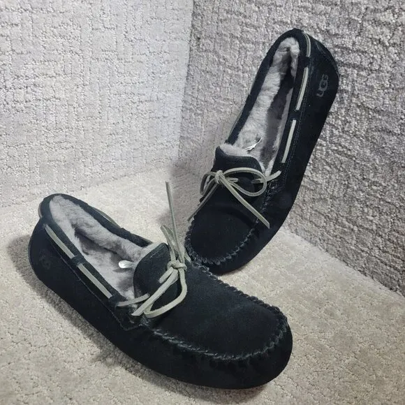 UGG Olsen Men's Size 8 US Black Suede Shearling Moccasin Shoes 1003390