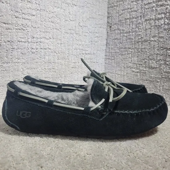 UGG Olsen Men's Size 8 US Black Suede Shearling Moccasin Shoes 1003390