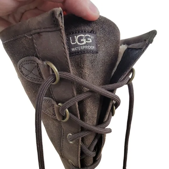 UGG Women's Elsa Boot Size 9.5 Waterproof Tall Brown Leather Sherpa Sheepskin
