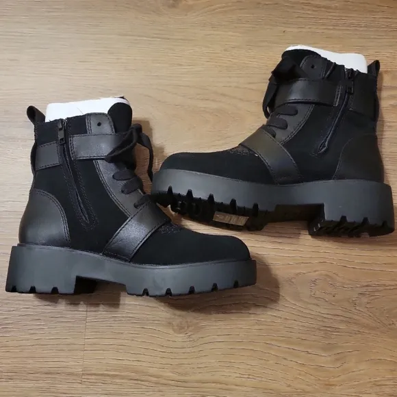 Ugg Womens Zorrah Black Suede Block Heel Combat Side Zip Lace-up Boots