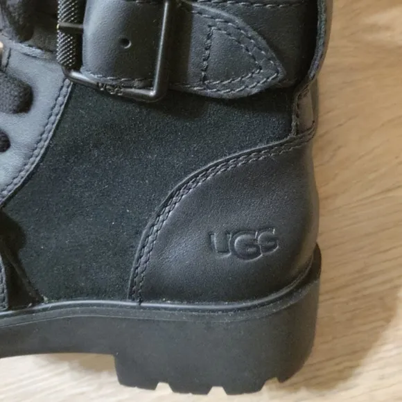 Ugg Womens Zorrah Black Suede Block Heel Combat Side Zip Lace-up Boots