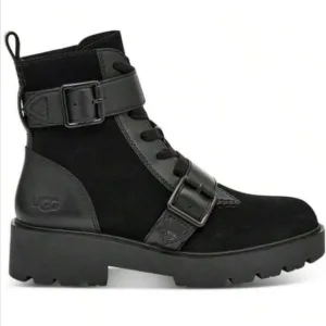 Ugg Womens Zorrah Black Suede Block Heel Combat Side Zip Lace-up Boots