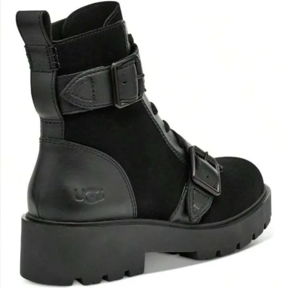 Ugg Womens Zorrah Black Suede Block Heel Combat Side Zip Lace-up Boots