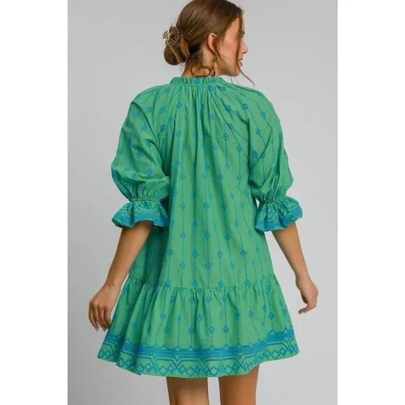Umgee Boho Tassel Detail Embroidered Half Flounce Sleeves Mini Dress | Green