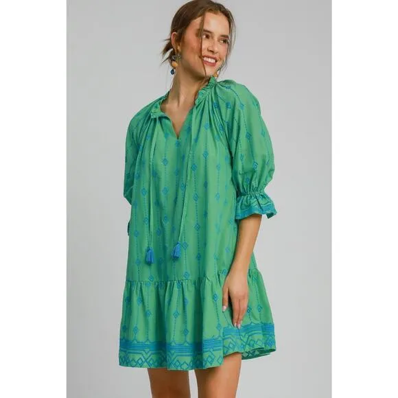 Umgee Boho Tassel Detail Embroidered Half Flounce Sleeves Mini Dress | Green