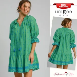 Umgee Boho Tassel Detail Embroidered Half Flounce Sleeves Mini Dress | Green
