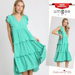 Umgee Ruffle Tiered Detail Cap Sleeves V-Neck Relaxed Fit Midi Dress | Emerald