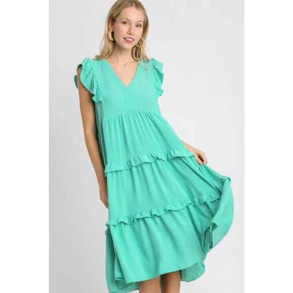 Umgee Ruffle Tiered Detail Cap Sleeves V-Neck Relaxed Fit Midi Dress | Emerald