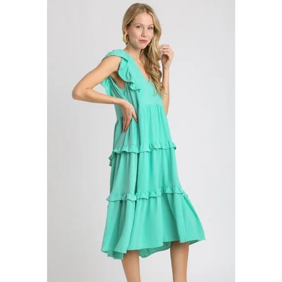 Umgee Ruffle Tiered Detail Cap Sleeves V-Neck Relaxed Fit Midi Dress | Emerald