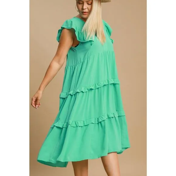Umgee Ruffle Tiered Detail Cap Sleeves V-Neck Relaxed Fit Midi Dress | Emerald