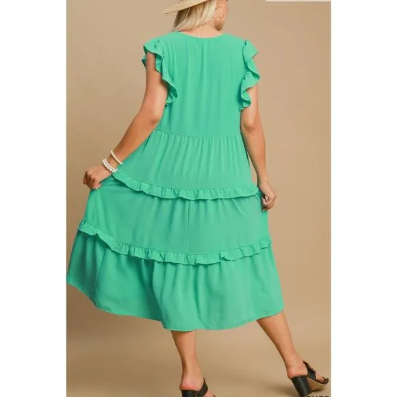 Umgee Ruffle Tiered Detail Cap Sleeves V-Neck Relaxed Fit Midi Dress | Emerald