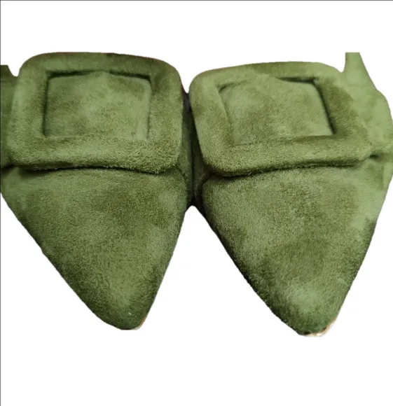 Unbranded Avocado Suede Pointy Toed Suede Heels With Buckle Embellishment Sz.11