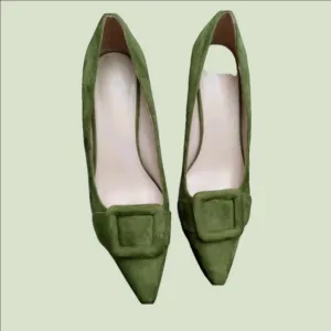 Unbranded Avocado Suede Pointy Toed Suede Heels With Buckle Embellishment Sz.11