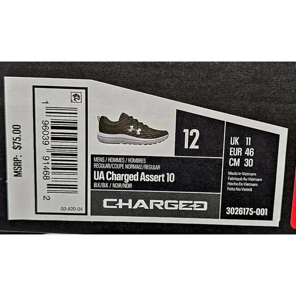 Under Armour Charged Assert 10 Black Men's Running Shoes Size 12