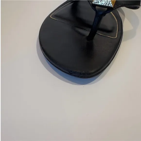 Valentino Black Rockstud Roman Gold Leather Thong Slide Sandals