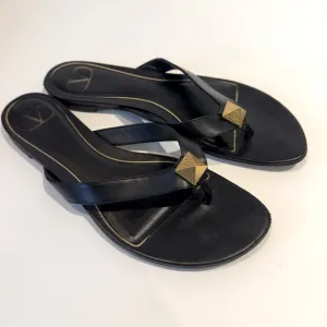 Valentino Black Rockstud Roman Gold Leather Thong Slide Sandals