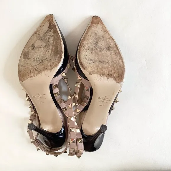 Valentino Garavani Rockstud Black/ Tan Ankle Straps Heels SZ 8.5/38.5