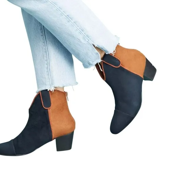 Vanessa Wu Anthropologie Colorblock Western Ankle Boots Navy Tan Size 39/9