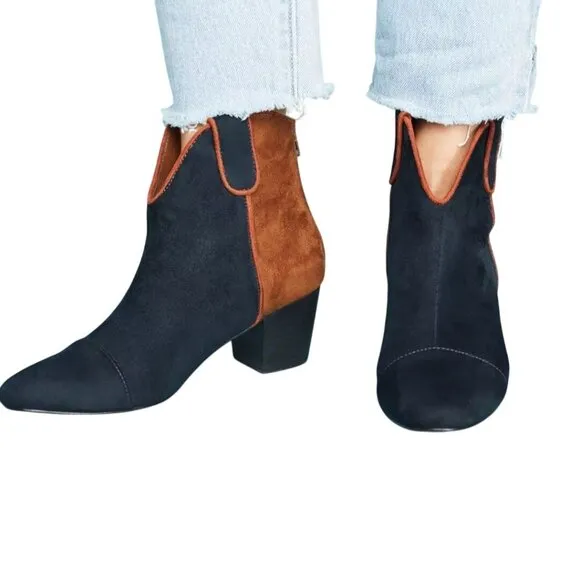 Vanessa Wu Anthropologie Colorblock Western Ankle Boots Navy Tan Size 39/9