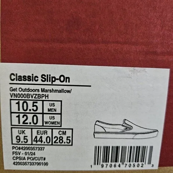 vans classic slip on get outdoors marshmallow men size 10.5