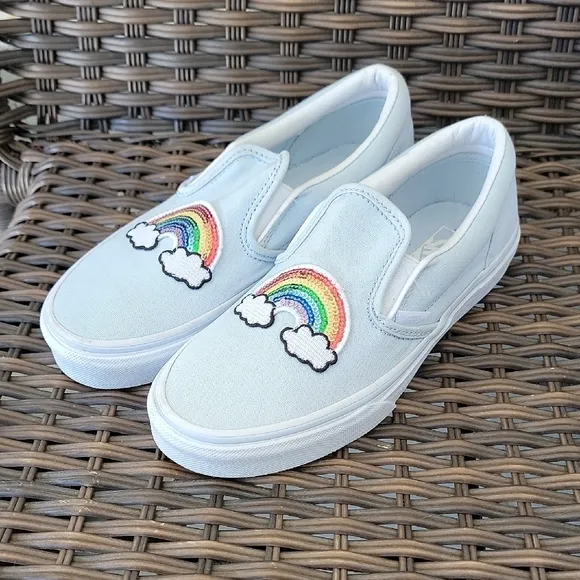 Vans Kids Light Blue Rainbow Slip-On Shoes Size 3.5