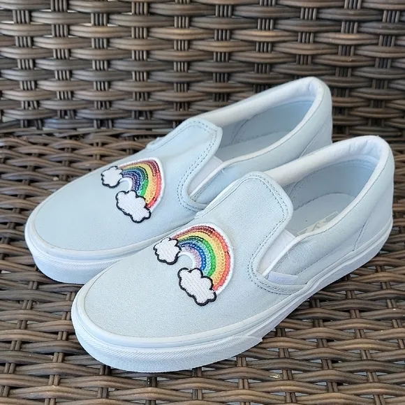 Vans Kids Light Blue Rainbow Slip-On Shoes Size 3.5