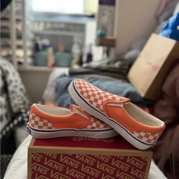 Vans Kids Orange Checkered Slip-On Shoes