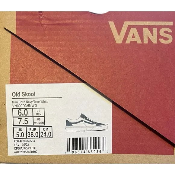 Vans Old Skool Mini Cord Navy True  White  Shoes Size Woman7.5/ Men 6 New In Box