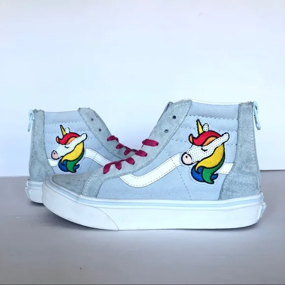 Vans Sk8 Hi Blue &amp; Pink Suede and Sequin Unicorn Kids Girls Shoes 2.5
