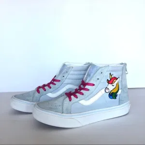 Vans Sk8 Hi Blue &amp; Pink Suede and Sequin Unicorn Kids Girls Shoes 2.5