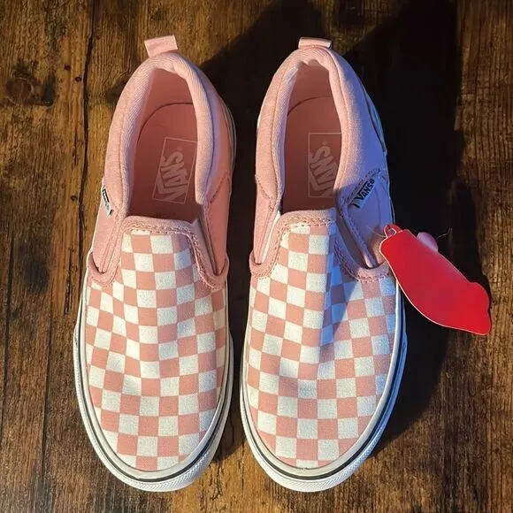 VANS Checkerboard Girls Classic Slip-On Girls Salmon &amp; White Shoes size 2 MWT