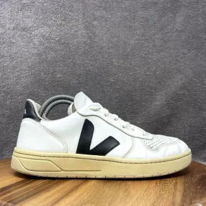 Veja V-10 Men's 8 White Black Sneakers Leather Lace-Up Low Top Athletic Casual