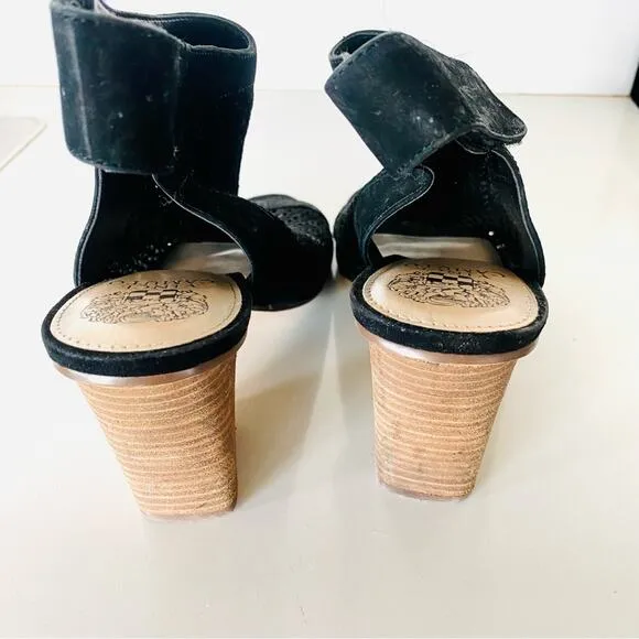 VINCE CAMUTO Black Leather Cutout Slingback Open Toe Sandals Chunky Heel Shoe 10