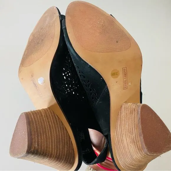 VINCE CAMUTO Black Leather Cutout Slingback Open Toe Sandals Chunky Heel Shoe 10