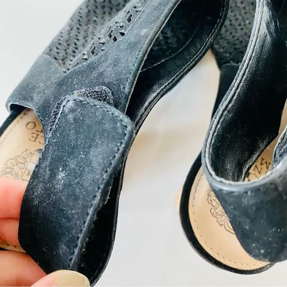 VINCE CAMUTO Black Leather Cutout Slingback Open Toe Sandals Chunky Heel Shoe 10