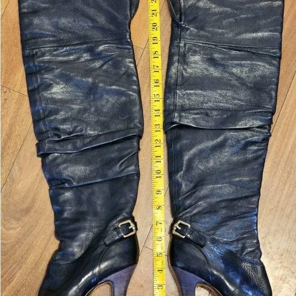 Vintage Black Leather Knee High Heeled Boots Made in Italy