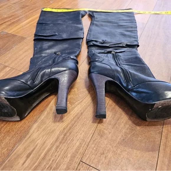Vintage Black Leather Knee High Heeled Boots Made in Italy