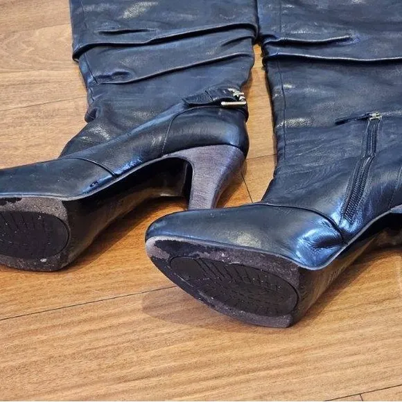 Vintage Black Leather Knee High Heeled Boots Made in Italy
