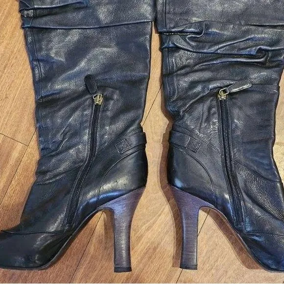 Vintage Black Leather Knee High Heeled Boots Made in Italy