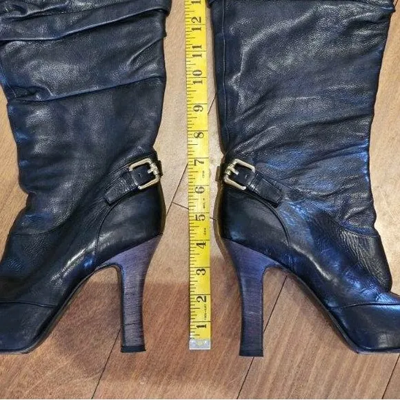 Vintage Black Leather Knee High Heeled Boots Made in Italy