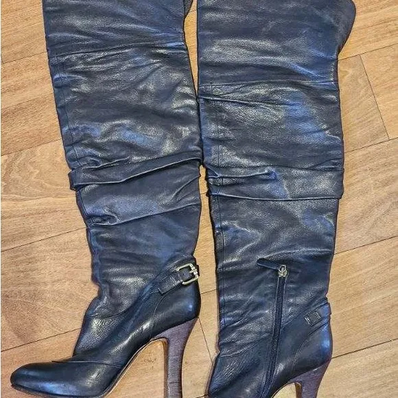 Vintage Black Leather Knee High Heeled Boots Made in Italy