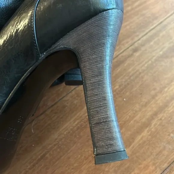 Vintage Black Leather Knee High Heeled Boots Made in Italy