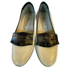 Vintage Breazioni Arabella US9 Heels Shoes Italy Navy White Leather Vero Cuoio