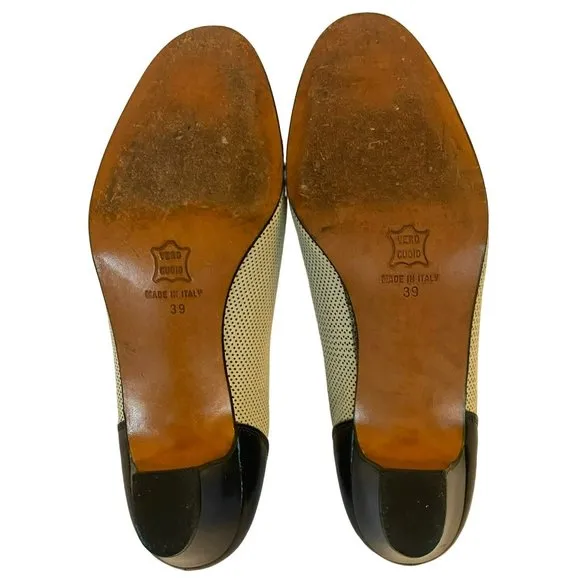 Vintage Breazioni Arabella US9 Heels Shoes Italy Navy White Leather Vero Cuoio